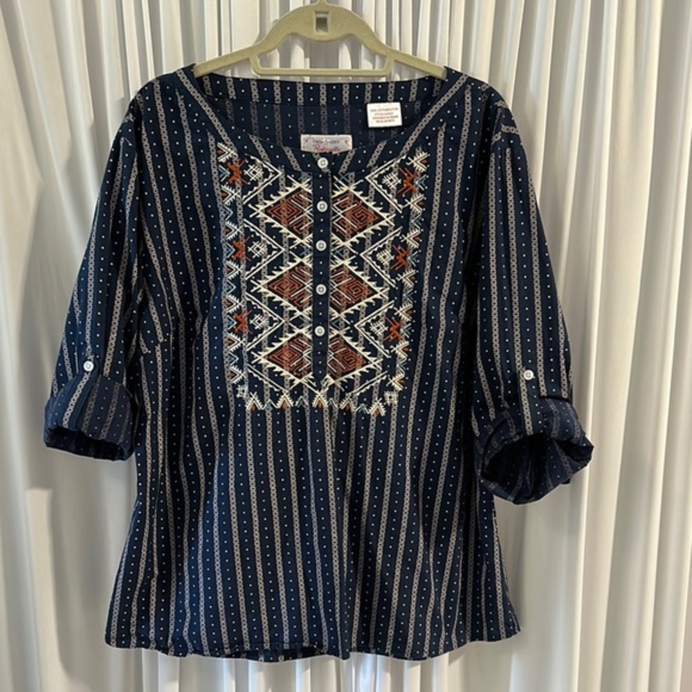 Panhandle Blue and Cream  Graphic Embroidered Blouse with Relaxed Fit Plus Size